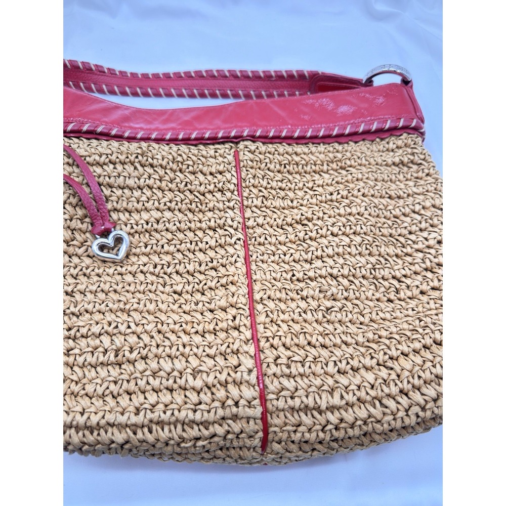 Brighton Straw Raffia Woven Shoulder Bag Purse Red Leather Trim Beach Boho Hobo - Picture 4 of 16
